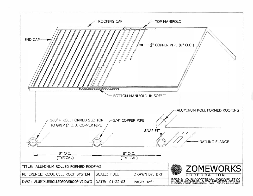Aluminum roll-formed roof technical drawing — v2, DWG: ALUMINUMROLLEDFORMROOF-V2, dated 01-22-03