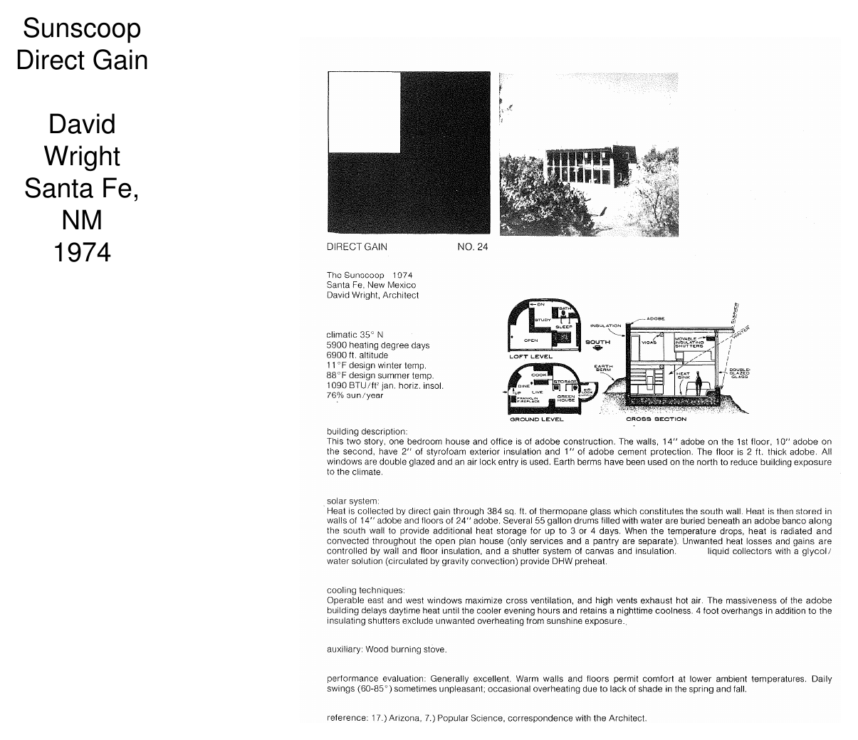 Sunscoop direct-gain house plan and section drawings with performance notes — David Wright, Santa Fe, NM, 1974