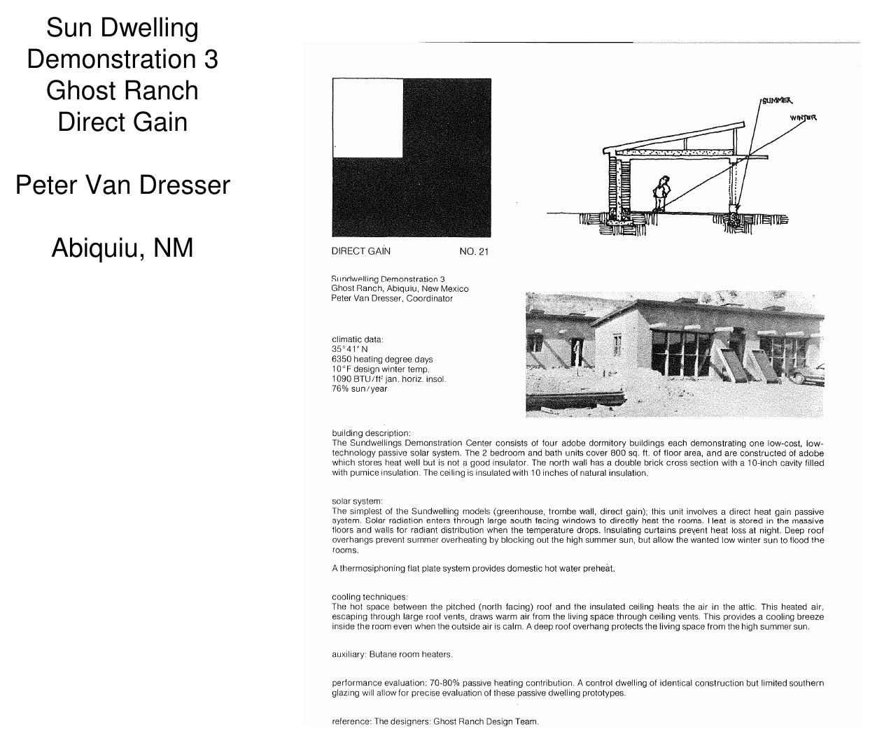 Sun Dwelling Demonstration 3 at Ghost Ranch, direct-gain scheme with diagram and exterior photo — Peter Van Dresser, Abiquiu, NM