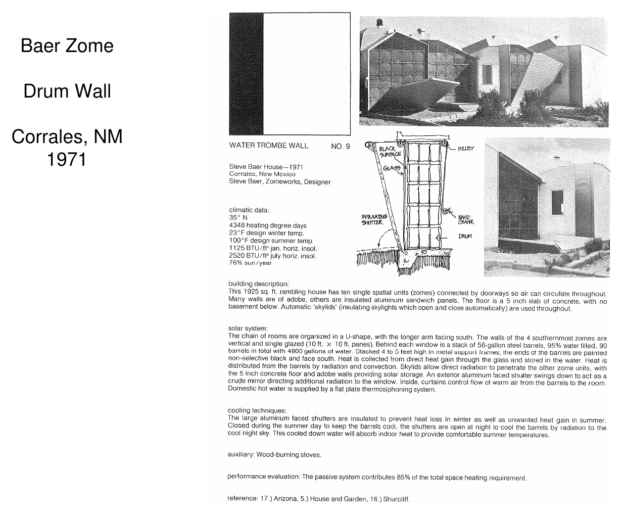 Baer Zome with drum wall — exterior photos and drum-wall diagram, Corrales, NM, 1971