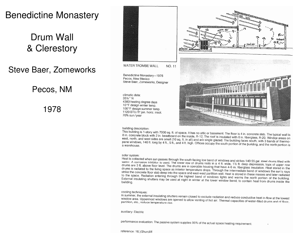 Benedictine Monastery drum wall and clerestory design with diagram and photo — Steve Baer, Zomeworks, Pecos, NM, 1978