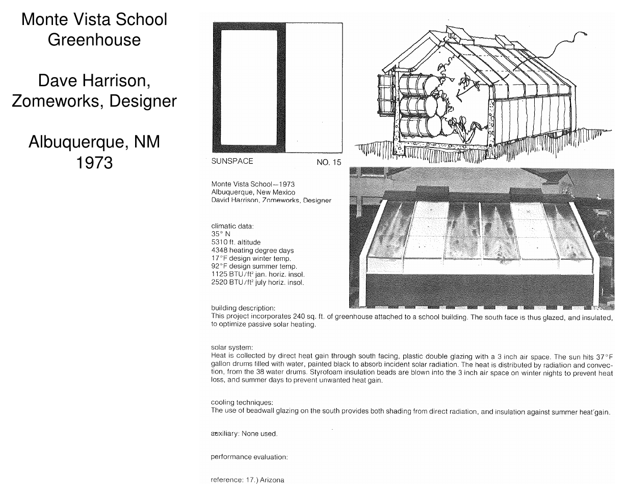 Monte Vista School attached greenhouse cutaway diagram — Dave Harrison, Zomeworks, designer, Albuquerque, NM, 1973