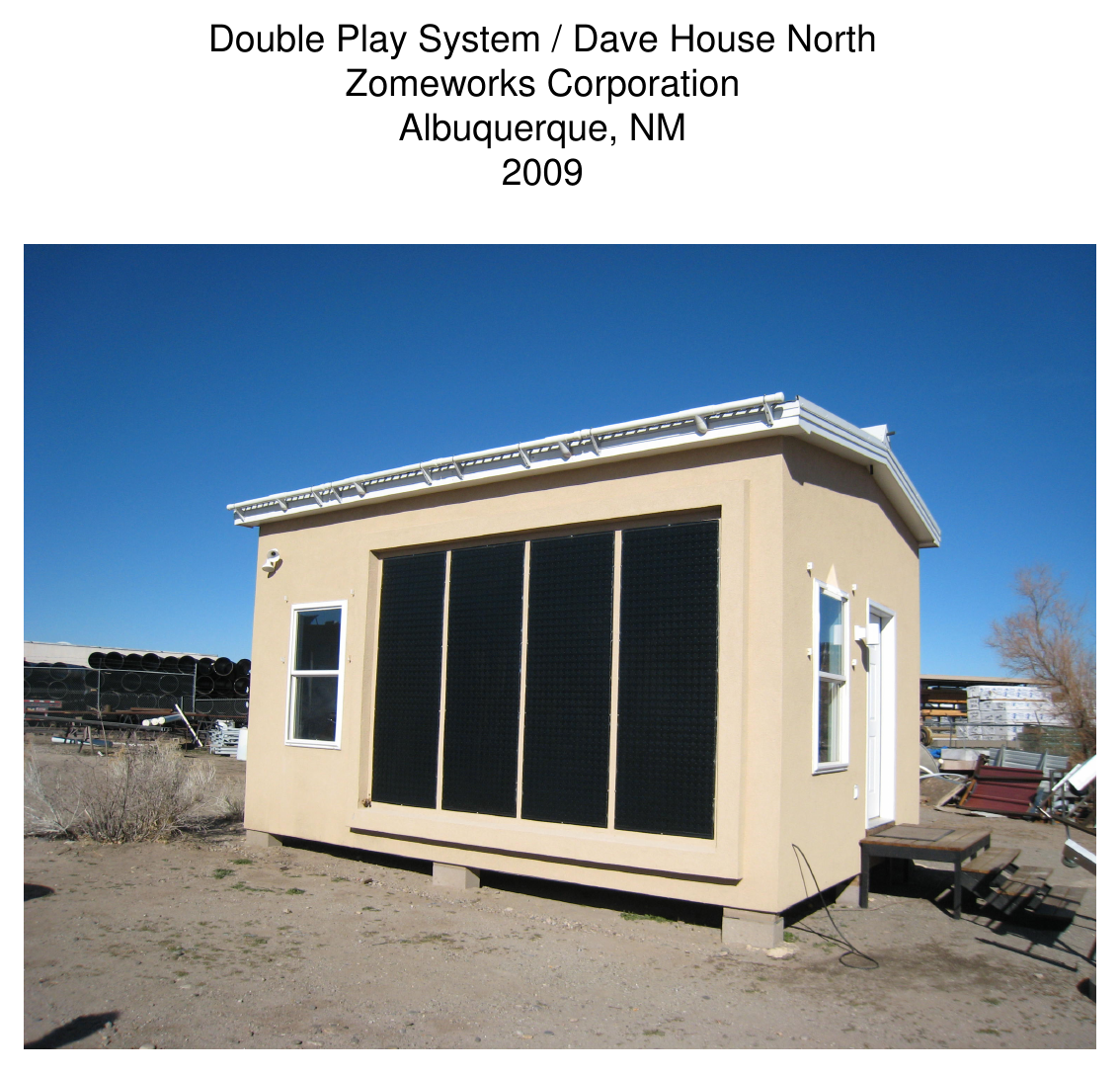 Exterior photograph of the Dave House North modular building with south glazing, Double Play system, Zomeworks Corporation, Albuquerque, NM, 2009