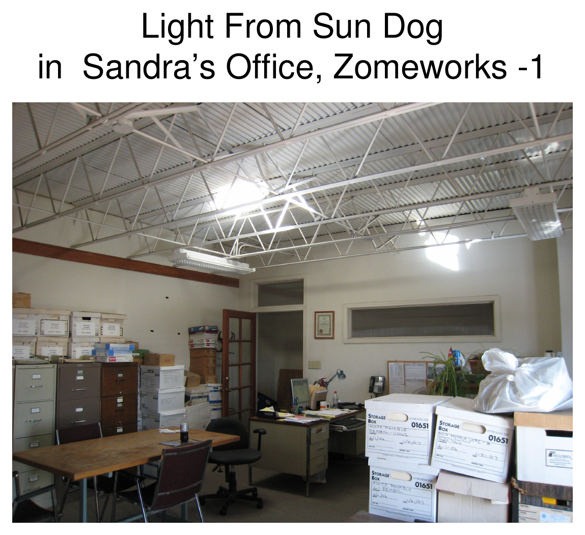 Interior office photograph showing daylight cast into Sandra's office at Zomeworks by the Sun Dog
